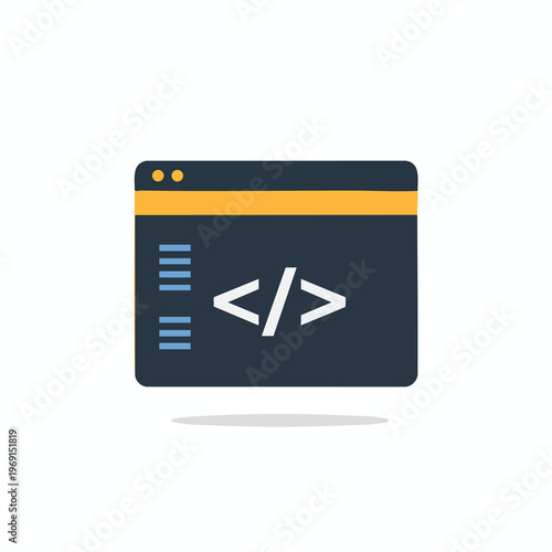 A dark blue browser window icon with a yellow header and `< />` symbol