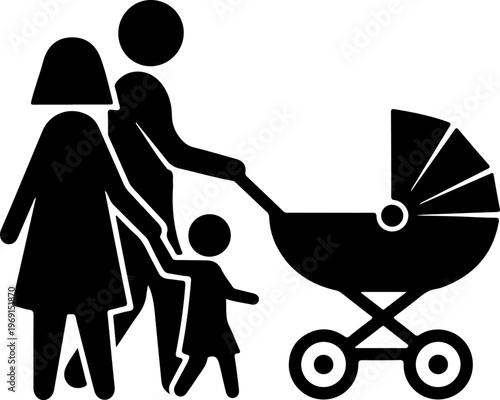 Family, parents, and baby stroller, black silhouette vector icon