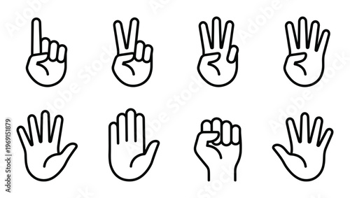 Set of black linear hands gesturing different numbers and signals on transparent background