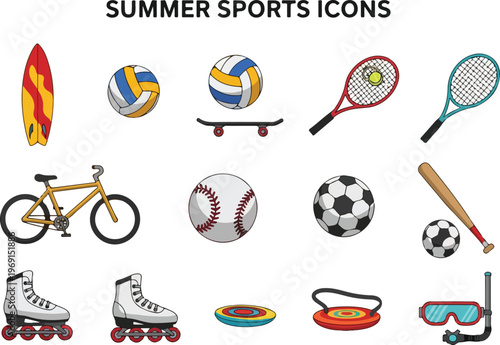 Collection of summer sports icons including a surfboard, bicycle, rollerblades, volleyball, tennis rackets, baseball, soccer ball, skateboard, and snorkeling gear