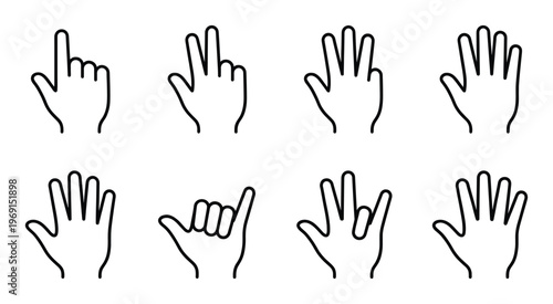 Set of black linear hands gesturing various numbers and signals on transparent background