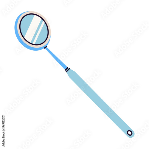 Dental mirror tool, vector illustration. Sterile medical instrument with a metal handle. Equipment for examining the oral cavity, teeth, gums. Hand drawn isolated clip art. Health care simple icon