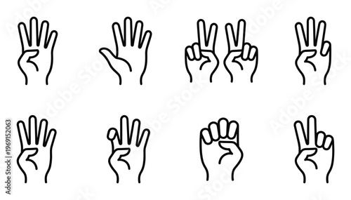 Set of black linear hands showing various numbers and gestures on transparent background