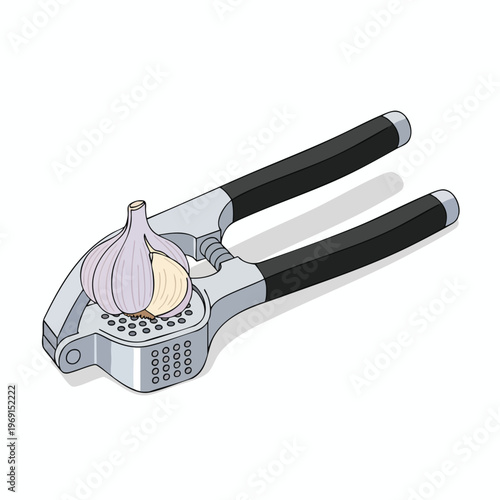 A close-up isometric view of a garlic press with a garlic bulb
