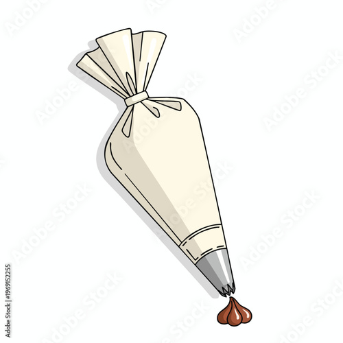 A light-colored piping bag dispenses a dollop of brown frosting