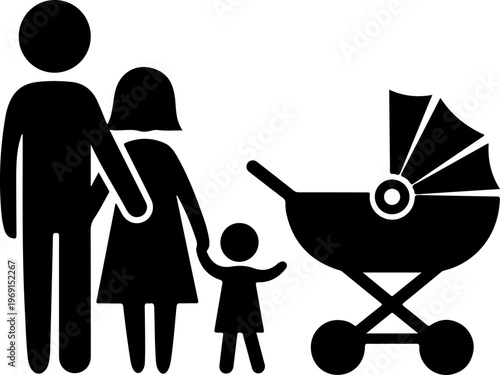 Family, parents, child, baby stroller, black silhouette icons