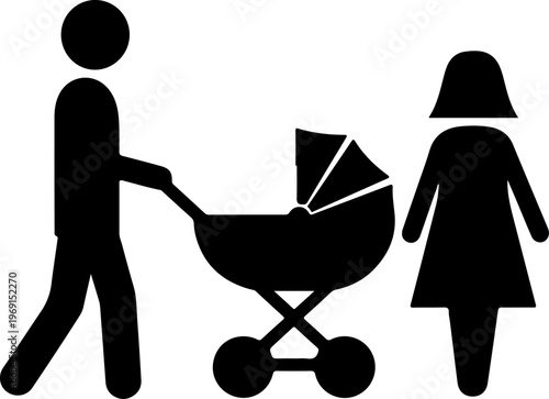 Black silhouette icons of parents with baby stroller, family symbols, parenting signs, vector graphics