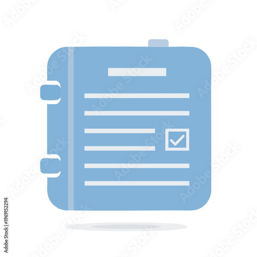 Blue notepad with lines and a checkmark on white background