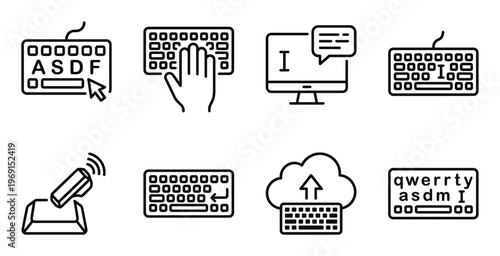 Set of keyboard and typing vector line icons. concept of computing, data entry, and communication