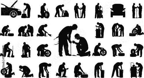 Car mechanic silhouettes collection auto repair service workers changing tire fixing engine tools garage workshop vector illustration isolated