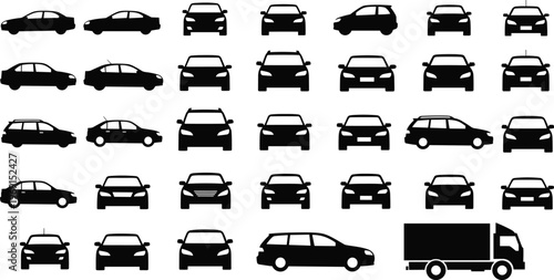 Car silhouettes collection set various vehicle types front side views icons minimal black vector transportation design isolated on white background