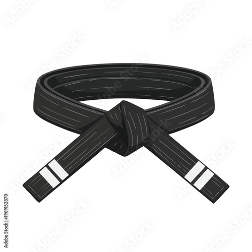 A black martial arts belt, tied in a knot, with white stripes on ends