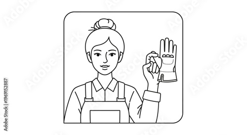 Woman Wearing Apron and Gloves, Preparing for Work or Cleaning