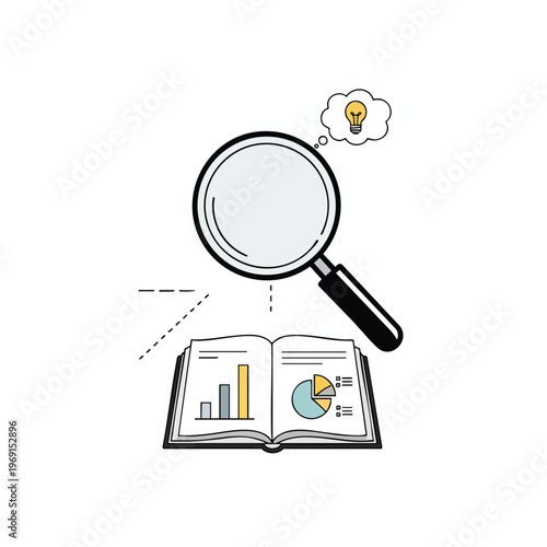 Magnifying glass over open book displaying charts, hinting at an idea