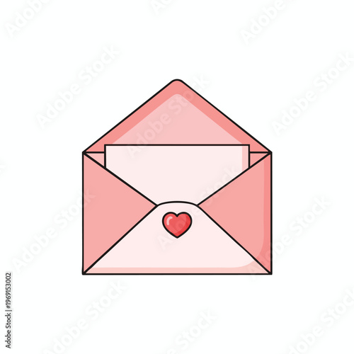 Open pink envelope with a red heart on the flap and a white paper inside