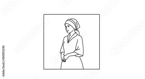 Young woman wearing headscarf and modest dress, looking sideways with hands clasped