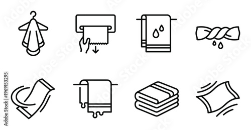 Towel and textile care icons showing drying folding laundry and bathroom hygiene items in line art