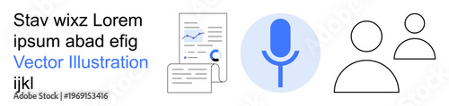 Voice recognition, user interface, communication, documentation, data sharing, networking. Microphone icon, user profiles and data charts. Voice recognition and user communication