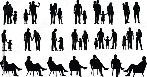 Family silhouettes vector collection parents children sitting standing poses isolated people set for lifestyle relationship parenting concept illustration design