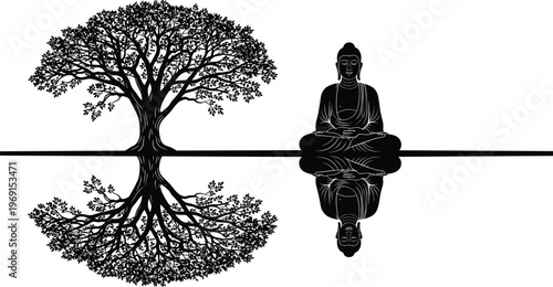 Buddha meditation under Bodhi tree with reflection silhouette spiritual harmony black and white vector illustration calm zen concept