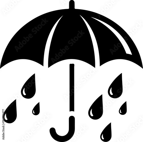 Black umbrella icon, rainy weather symbol, waterproof shelter sign, vector raindrop illustration