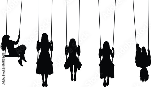 Girl swinging silhouettes vector set playful child on swing poses isolated people collection for childhood activity fun design illustration
