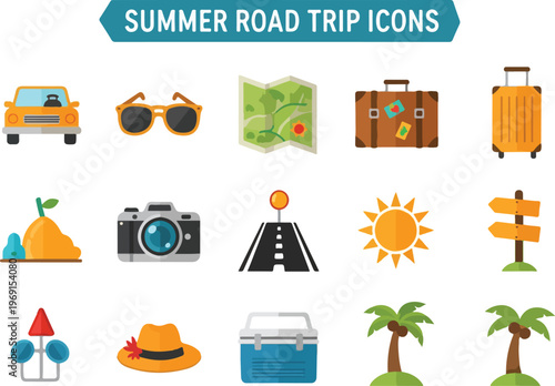 Set of summer road trip flat vector icons perfect for travel and vacation designs