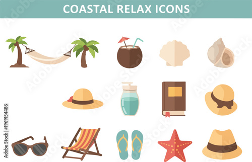 Coastal relaxation icons collection hammock, coconut drink, seashell, sun hat, sun lounger, flip-flops, starfish and sunglasses for travel and leisure
