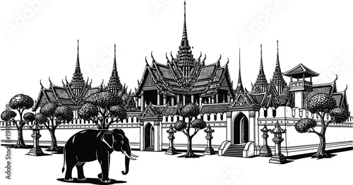 Detailed Thai temple complex illustration with elephant ornate architecture traditional spires black and white vector cultural heritage landmark Asia