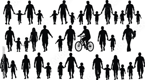 Father and children silhouettes collection walking holding hands parenting family black vector isolated illustration diverse people lifestyle set design