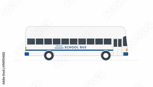White School Bus with Dark Windows and Blue Stripes, Vector Illustration