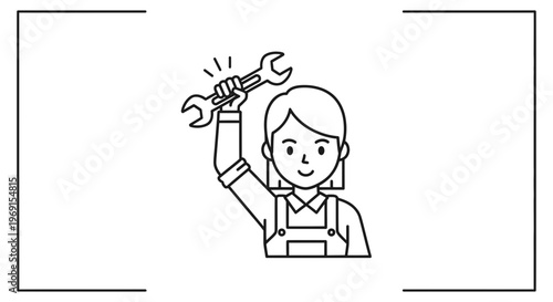 Woman Mechanic Holding Wrench Up High, Celebrating Success in Repair Work