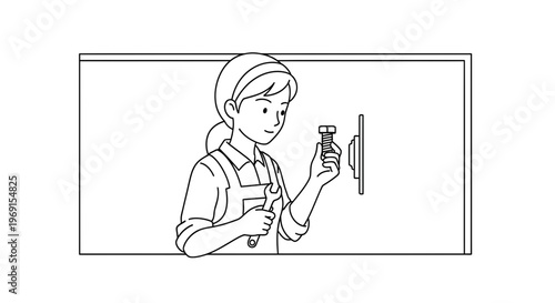 Woman installing a bolt on a wall with a wrench, DIY home improvement, repair work