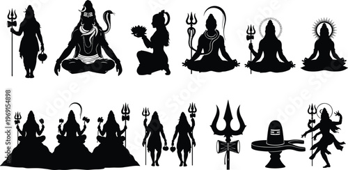 Hindu god Shiva silhouettes collection with trident damaru meditation poses sacred symbols black and white vector illustration spiritual design