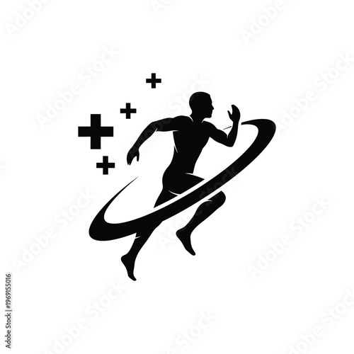 A man runs quickly with motion lines and plus signs around him.