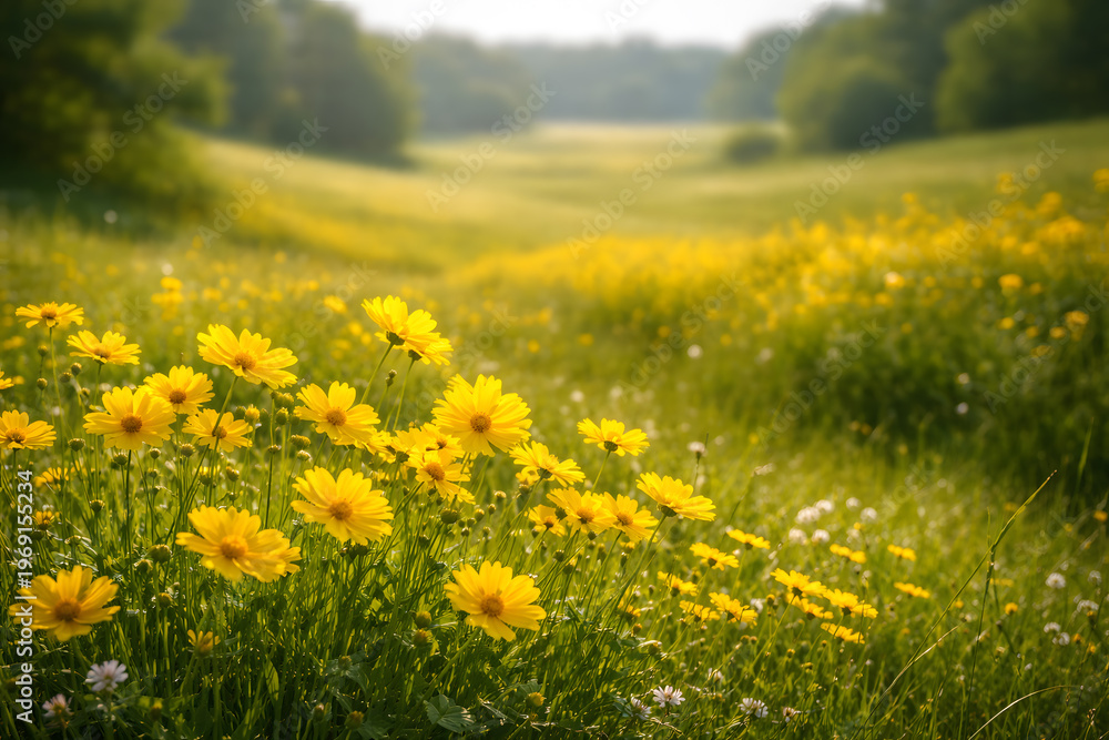 Obraz premium Sunlit meadow filled with vibrant yellow wildflowers