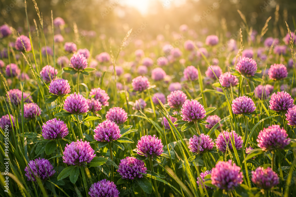 Obraz premium Blooming red clover field in the warm glow of sunset