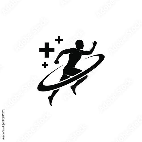 Athlete runs swiftly around circular track with plus signs nearby.