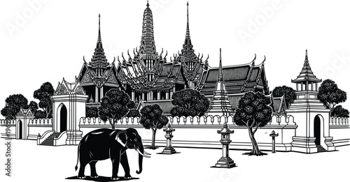 Intricate Thai temple illustration with elephant traditional architecture ornate spires cultural heritage black and white vector design landscape Asia landmark