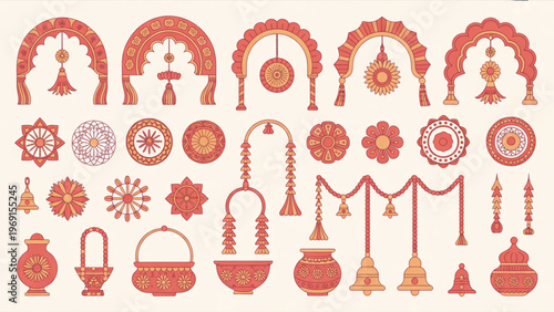 Intricate collection of traditional red and gold decorative symbols and motifs