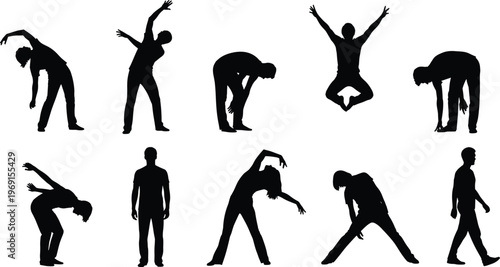 Silhouette set of people stretching exercising jumping and walking poses, fitness warmup routine collection isolated on white background vector illustration