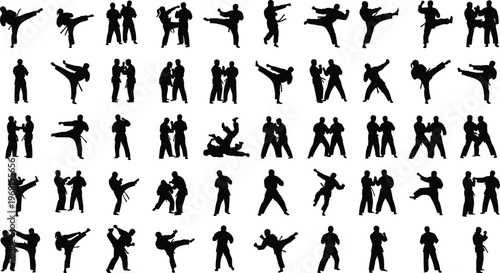 Martial arts silhouettes set karate fighters kickboxing combat poses training action black and white vector illustration sport collection design