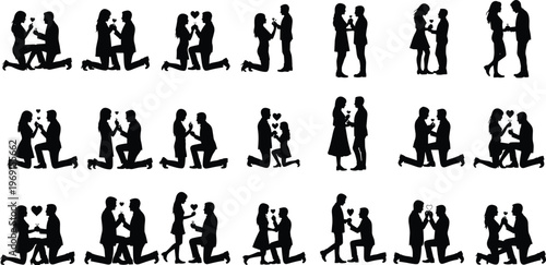 Silhouette set of romantic couples proposing with ring, love and engagement scenes collection isolated on white background vector illustration