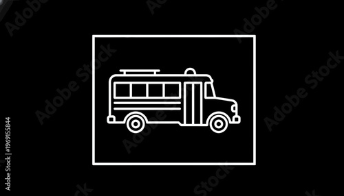 White school bus icon on black background, simple line art, transportation symbol