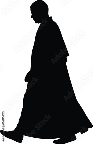 Priest silhouette walking profile wearing robe religious clergy black vector isolated illustration spiritual church figure ritual concept design