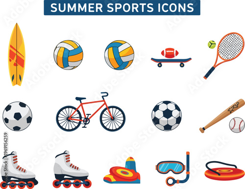 Collection of Summer Sports Icons including surfboard, volleyball, skateboard, tennis racket, soccer ball, bicycle, baseball, roller skates, snorkel and goggles