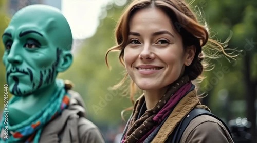 Video Clip: Engaging Woman with Unique Green-Skinned Character in Urban Public Setting, Candid Portrait Moment