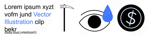 Mortality, emotion, economy, loss, financial value, human condition. Illustration of a scythe, teardrop eye and dollar sign. Mortality and emotion concepts are with symbolic icons