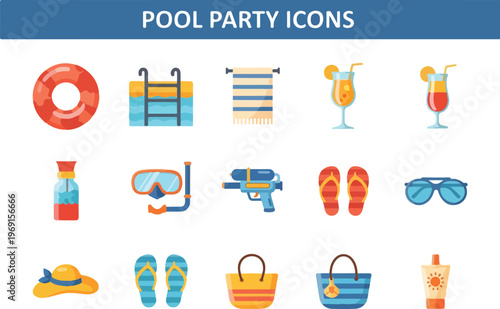 Collection of vibrant and fun pool party icons for summer celebrations and beachside relaxation, including swimming accessories, drinks, and apparel
