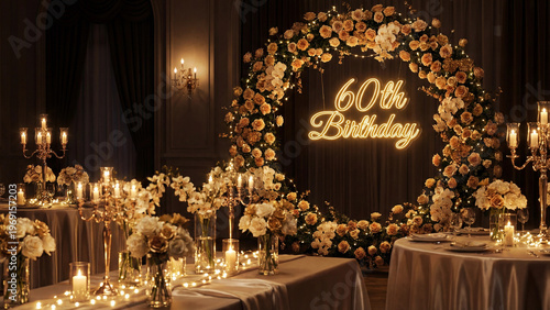 60 birthday golden floral decoration elegant luxury celebration scene